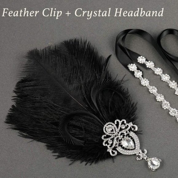 SWEETV 1920s Black Ostrich Feather Headpiece - Ribbon Tie - Picture 6 of 7